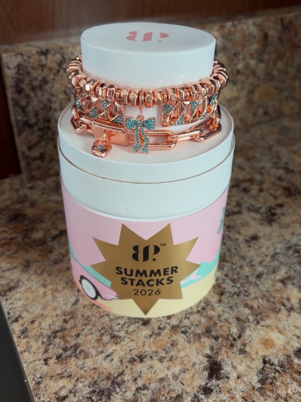 Rose Gold Crystal Charm Stackable Bracelet Set